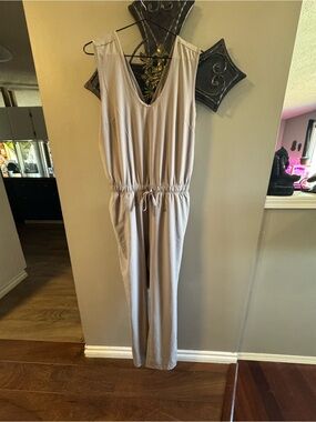Joe Fresh Sleeveless V-Neck Drawstring Jumpsuit in Light Taupe